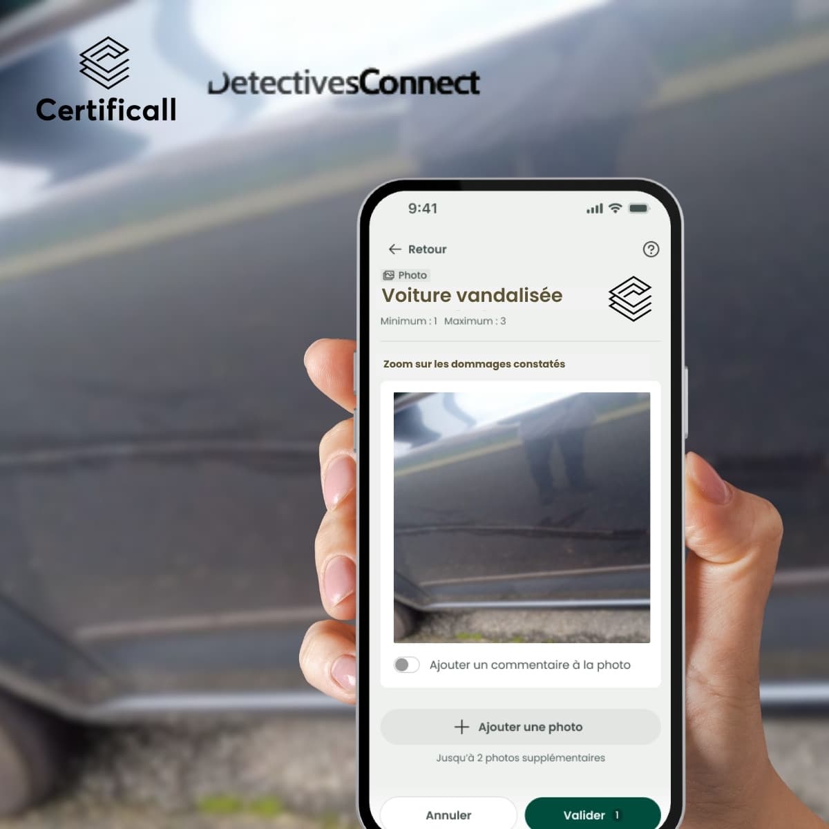 Exemple de preuve terrain : voiture vandalisée certifiée avec Certificall